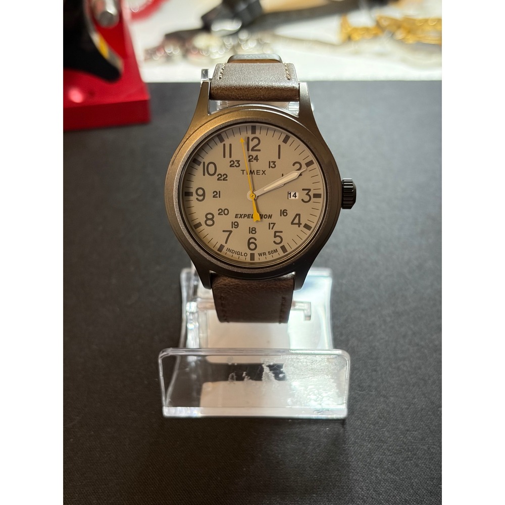 Timex Expedition Scout Watch Mens 40mm Brown Leather Indiglo Field Military